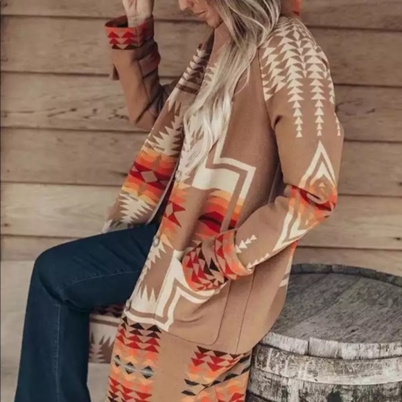 Boho Western Print Native Peacoat Camel Orange - Picture 2 of 5